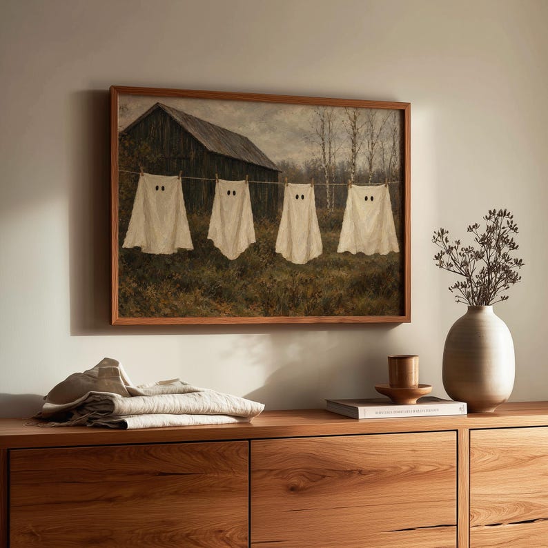 Halloween laundry line instant download artwork — vintage spooky farmstead picture with muted greens, browns, and moody atmosphere
