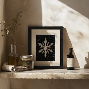 Intricate ice pattern poster wall art for study — cream and ivory tones with cozy dark starry night-sky mood