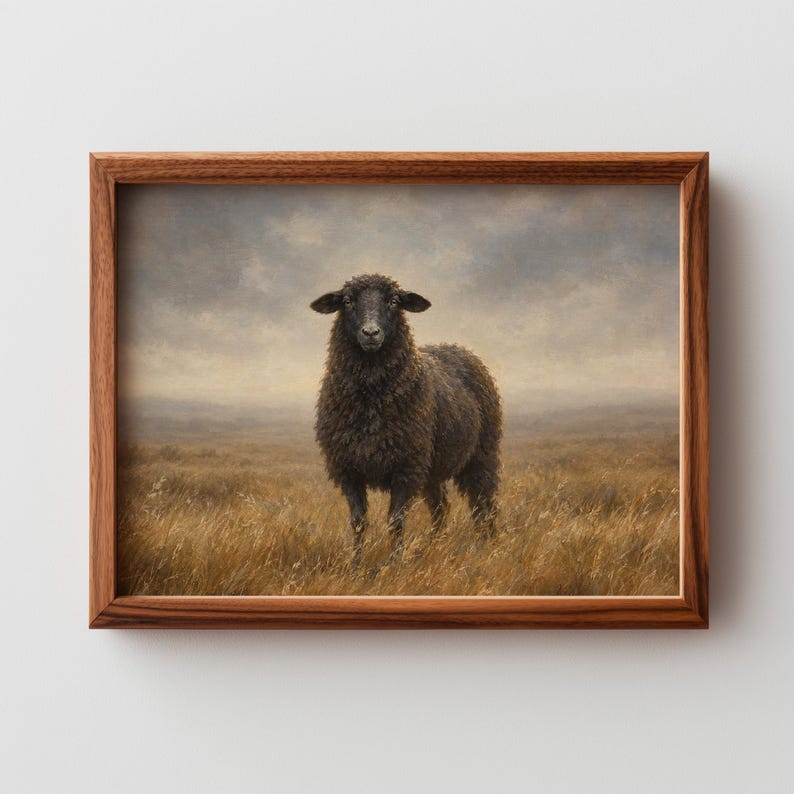 Country landscape wall picture — vintage pastoral scene featuring grazing sheep and atmospheric sky