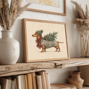 Cozy dog in winter hat carrying evergreen digital print — farmhouse holiday wall art picture