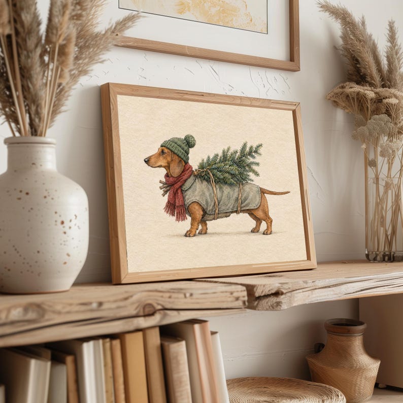 Cozy dog in winter hat carrying evergreen digital print — farmhouse holiday wall art picture