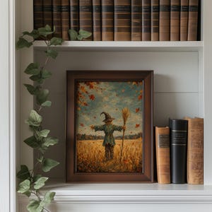 Golden wheat scarecrow picture printable for den — rustic farmhouse art with textured brushstrokes and autumn color scheme