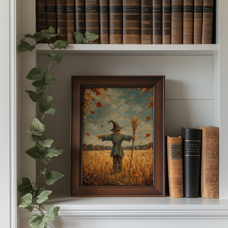 Golden wheat scarecrow picture printable for den — rustic farmhouse art with textured brushstrokes and autumn color scheme