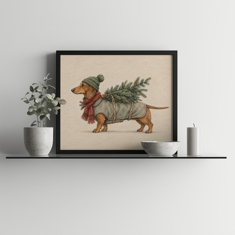 Whimsical dachshund holiday portrait printable art for hallway — vintage festive dog painting