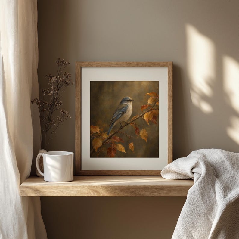 Bird on branch wall art for study — vintage oil painting style with deep atmospheric shadows