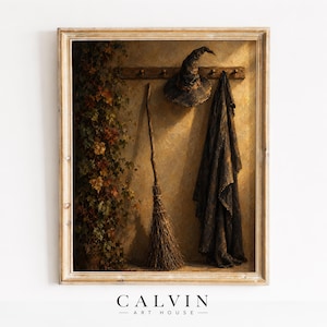 Spooky autumn wall art featuring sorcery garments — textured brushstrokes and burgundy foliage