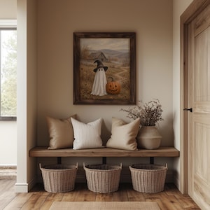 Cute ghost in witch hat digital print for bedroom — cozy fall wall decor with weathered barn and rolling hills