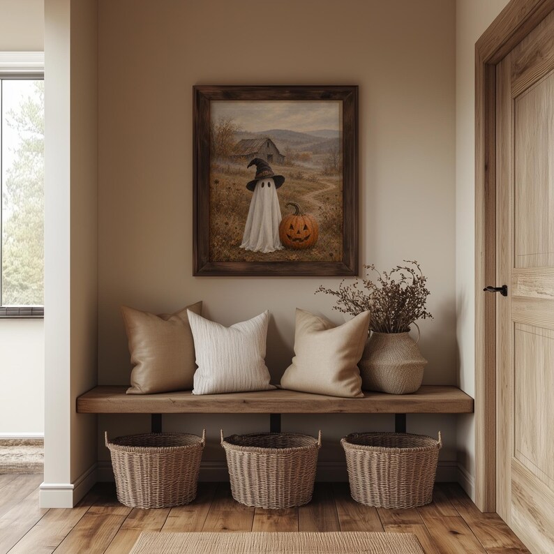 Cute ghost in witch hat digital print for bedroom — cozy fall wall decor with weathered barn and rolling hills