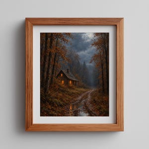 Autumn cabin picture for entryway — winding path through dense woods with cottage aesthetic