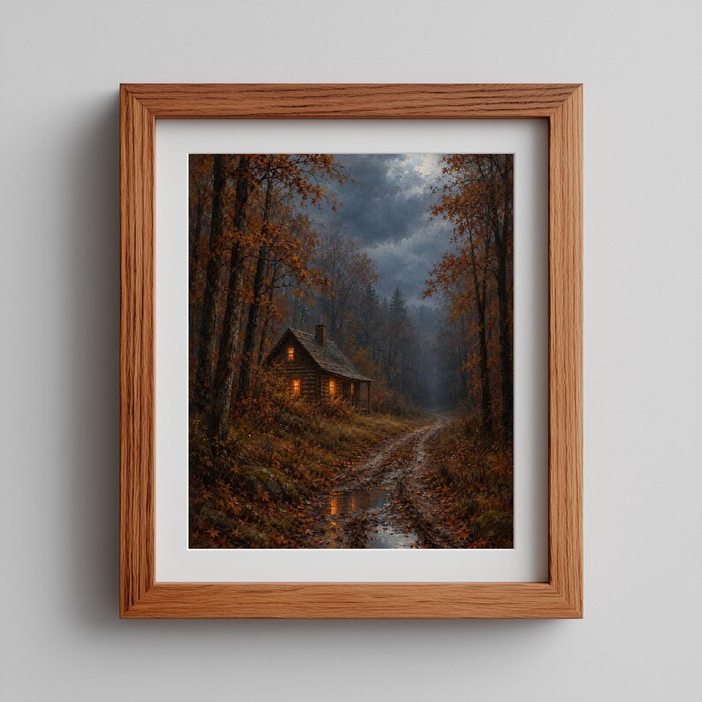 Autumn cabin picture for entryway — winding path through dense woods with cottage aesthetic