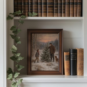 Grandfather and boy Christmas adventure wall print — wintry pine forest scene with loyal pet and nostalgic farmhouse aesthetic
