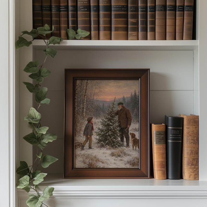 Grandfather and boy Christmas adventure wall print — wintry pine forest scene with loyal pet and nostalgic farmhouse aesthetic