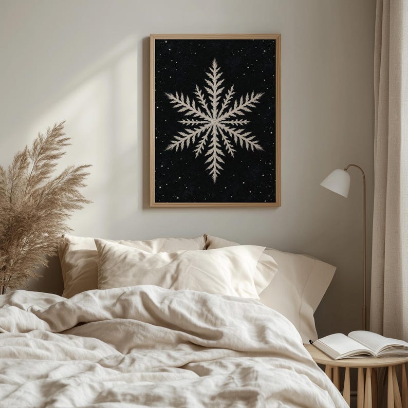 Vintage frost crystal poster printable art for living room — elegant ivory linework with moody night-sky aesthetic