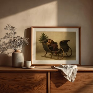 Rustic holiday carriage wall art displaying wrapped packages and tree branches in soft vintage tones