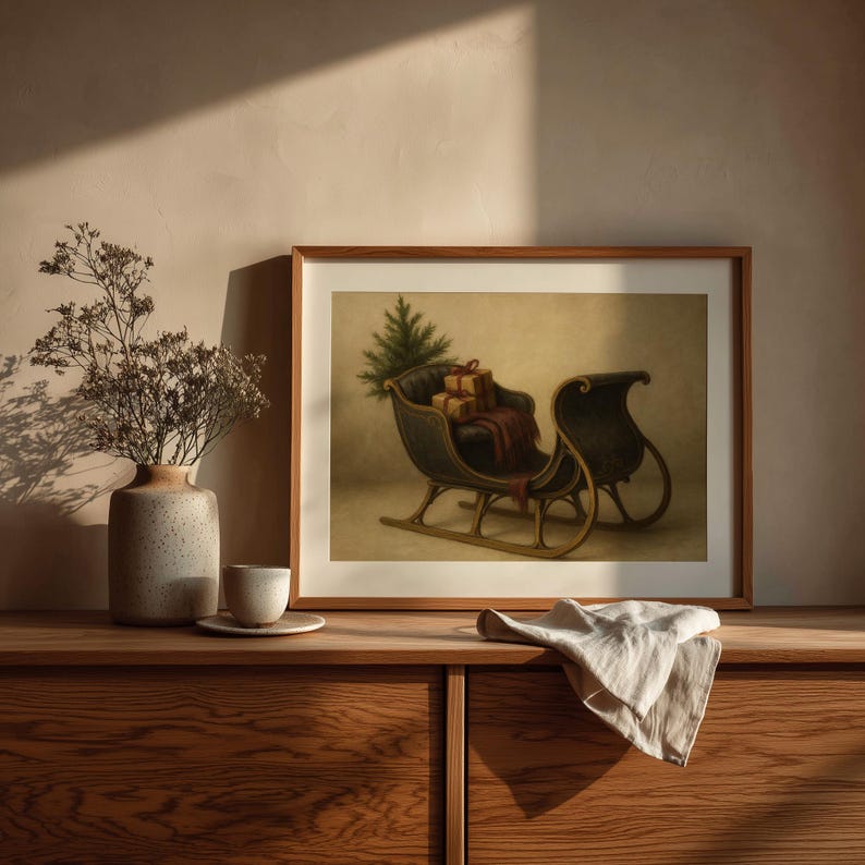 Rustic holiday carriage wall art displaying wrapped packages and tree branches in soft vintage tones