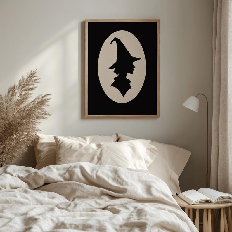Gothic lady profile digital art print for gallery wall — minimalist costume portrait silhouette with seasonal appeal