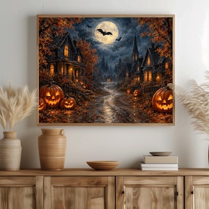 Spooky Halloween poster wall art for living room — eerie village path with carved pumpkins and full moon surrounded by bats