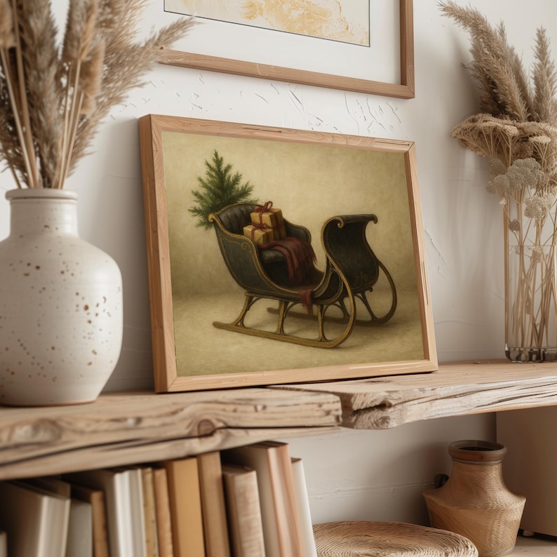 Farmhouse Christmas painting printable for kitchen with traditional sleigh and nostalgic countryside charm