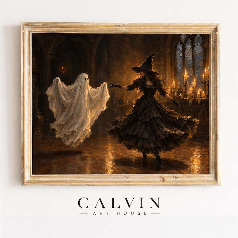 Supernatural waltz scene oil painting style poster for bedroom — dark academia Halloween art featuring phantom and black-robed figure in candlelit ballroom