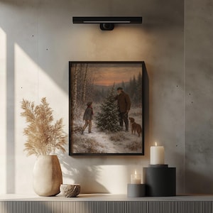 Golden hour Christmas tree shopping wall art — cozy vintage forest scene with grandfather, grandson, and pet during holiday season