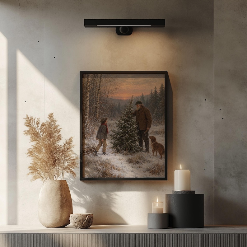 Golden hour Christmas tree shopping wall art — cozy vintage forest scene with grandfather, grandson, and pet during holiday season