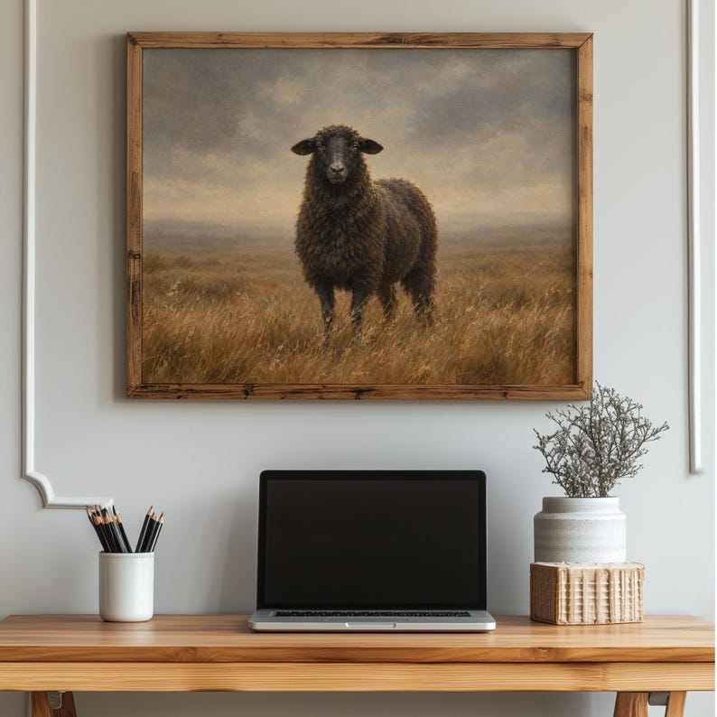 Grazing animal portrait poster for dining room — rustic farmhouse aesthetic with soft brushstrokes and quiet energy