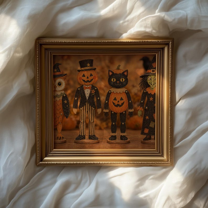 Hand-illustrated Halloween paper doll poster — vintage-inspired jointed figures with nostalgic seasonal charm