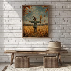 Harvest season scarecrow picture for cottage bedroom — textured brushwork depicting rustic countryside with windswept fall atmosphere