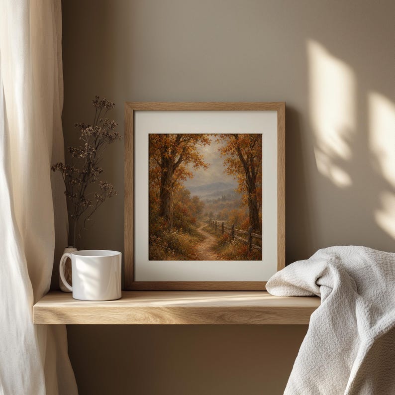 Autumn nature trail digital art print — rustic countryside mood with misty peaks and warm color palette
