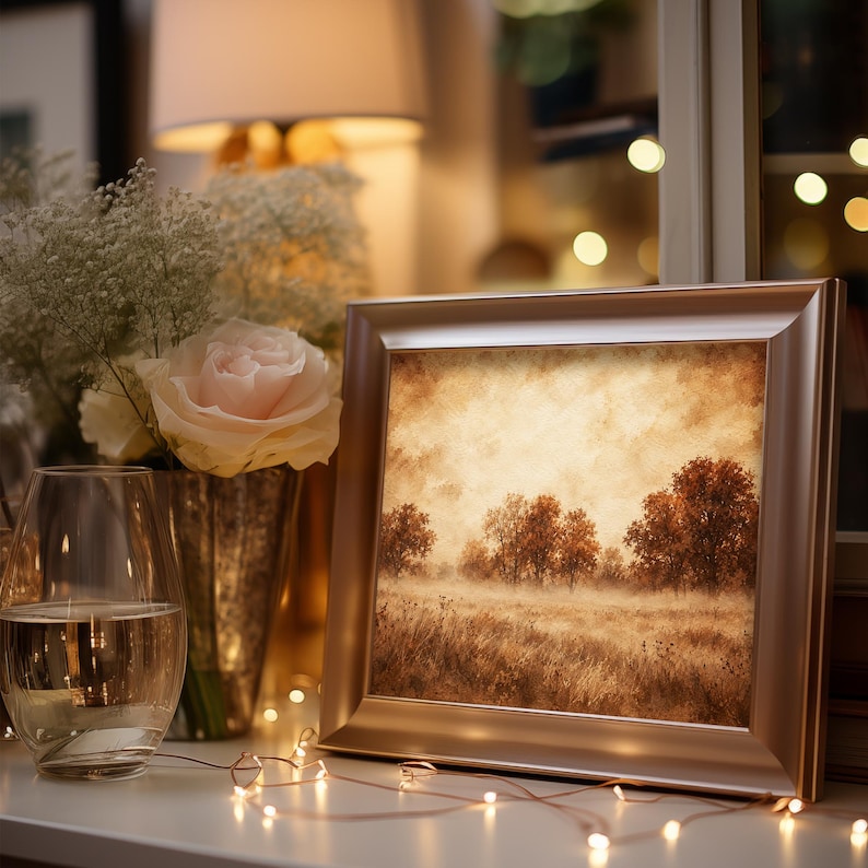 Vintage-style fall field picture for gallery wall — weathered painterly landscape with warm earth tones