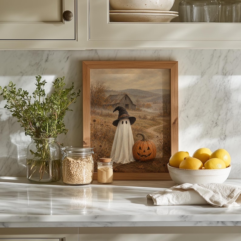 Charming spooky autumn wall art featuring spectral figure beside carved gourd in quiet rolling farmland