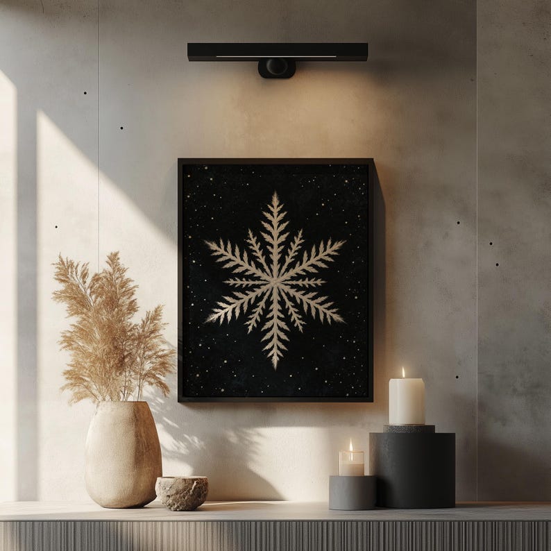 Detailed ice formation wall decor featuring soft botanical illustration with sophisticated dark backdrop