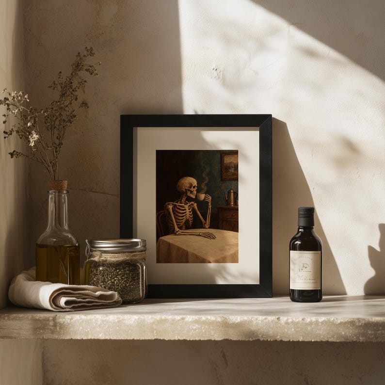 Bones character with steaming cup picture for dining room — quirky vintage-inspired dark theme