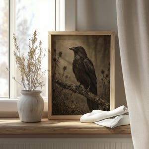 Atmospheric raven artwork digital file for entryway — moody antique photograph look with thistle accents and soft focus