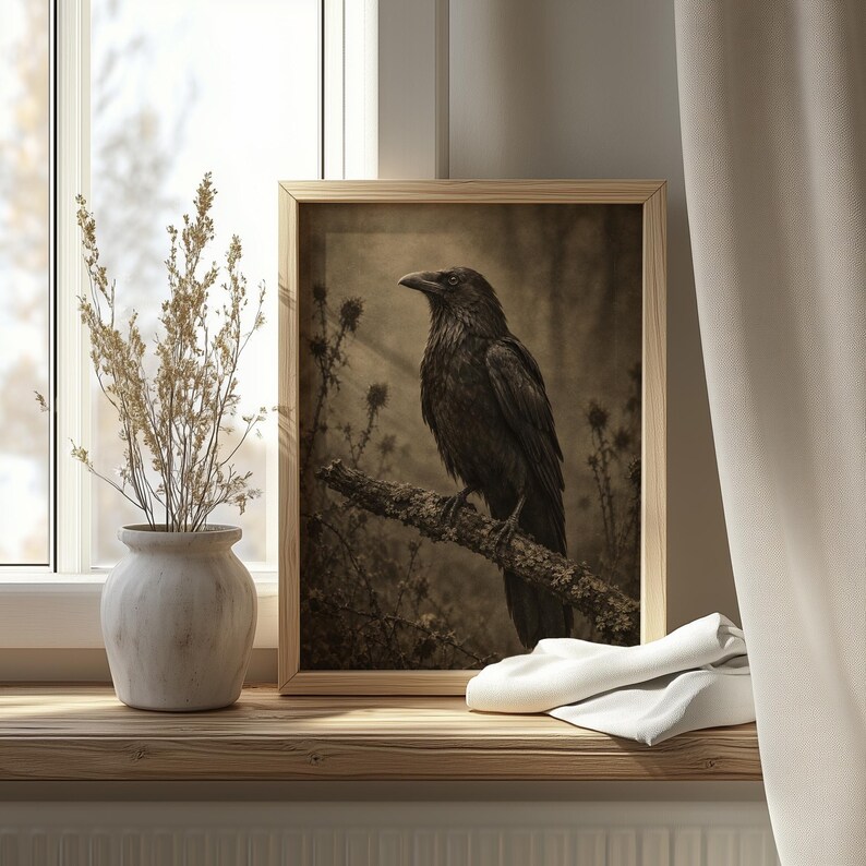 Atmospheric raven artwork digital file for entryway — moody antique photograph look with thistle accents and soft focus