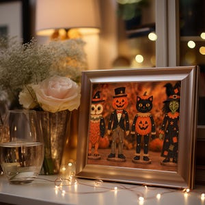 Nostalgic Halloween character lineup wall art for office — hand-painted folk-inspired jointed doll aesthetic