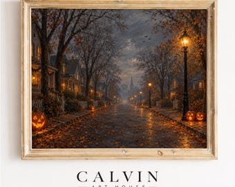 Sfeervolle Halloween straatdecoratie om aan de muur te printen, vintage griezelig herfstlandschap (digitale download)