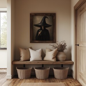 Dark academia witch portrait wall art with drink — moody seasonal poster for bedroom gallery wall