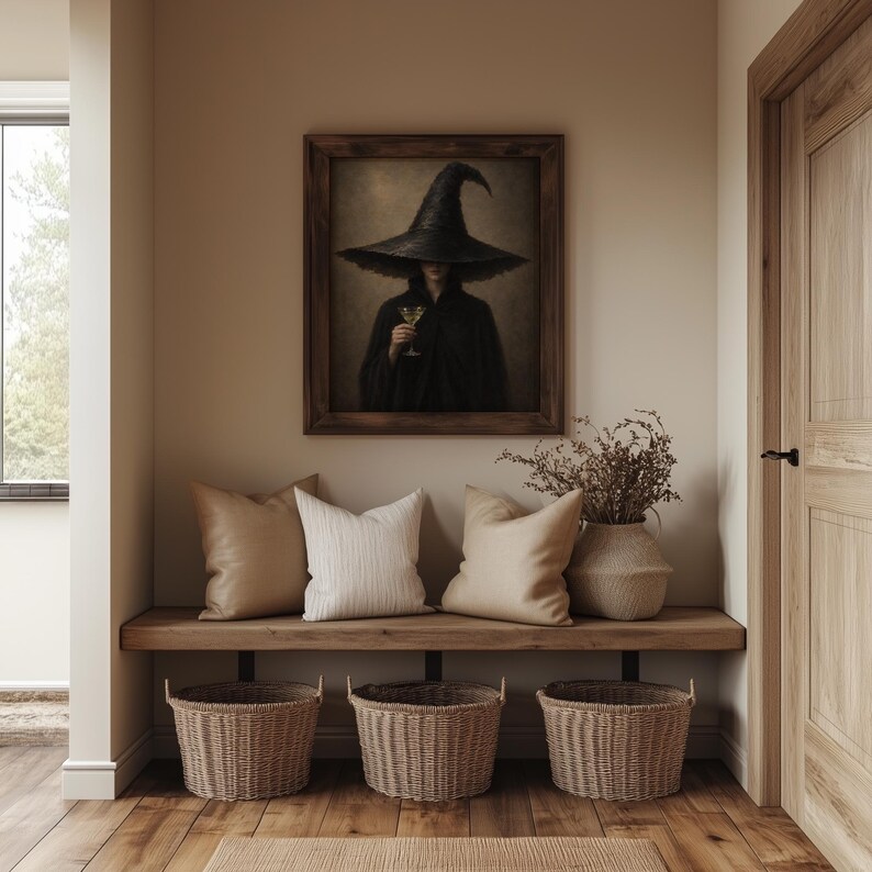 Dark academia witch portrait wall art with drink — moody seasonal poster for bedroom gallery wall