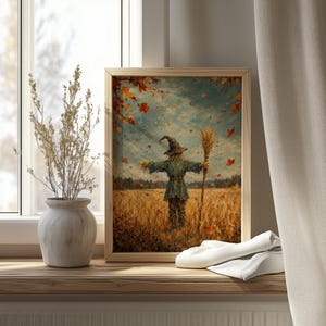 Windswept scarecrow poster for entryway — vintage harvest scene with amber, rust, and teal tones for seasonal décor