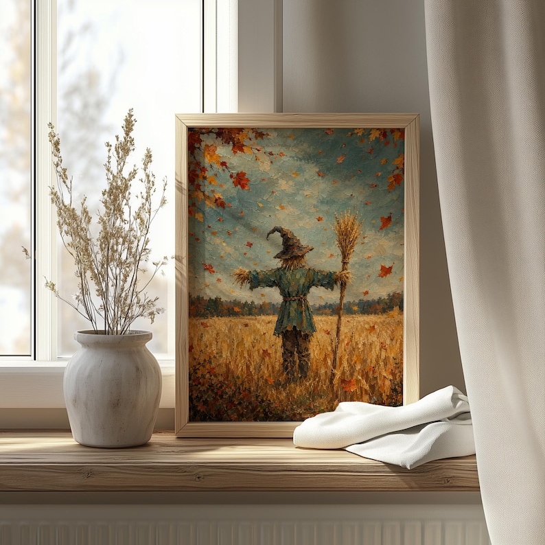 Windswept scarecrow poster for entryway — vintage harvest scene with amber, rust, and teal tones for seasonal décor