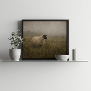 Sheep in wildflower field digital art — quiet countryside printable with soft hazy backdrop