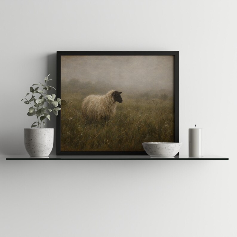 Sheep in wildflower field digital art — quiet countryside printable with soft hazy backdrop