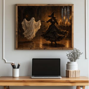 Phantom and pointed-hat character dancing instant download poster — moody vintage Halloween picture with warm glazed tones and museum-quality brushwork