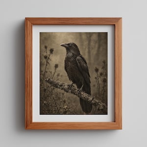 Haunting avian poster for dark academia lover — charcoal and sepia toned wall art with mystical forest setting
