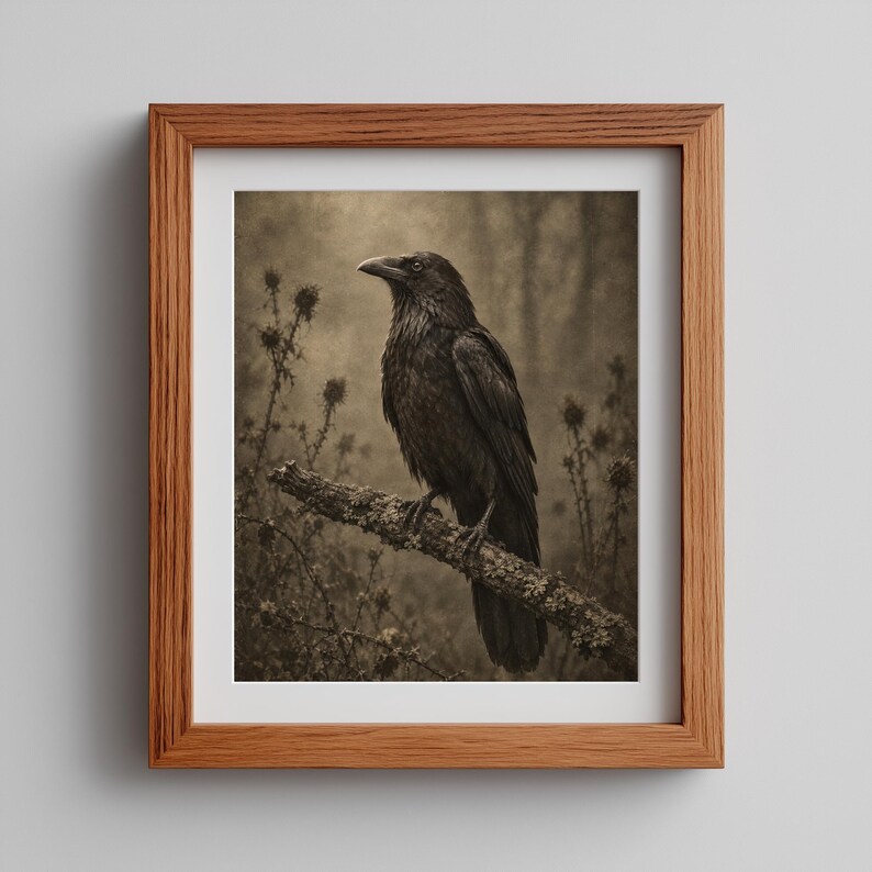 Haunting avian poster for dark academia lover — charcoal and sepia toned wall art with mystical forest setting
