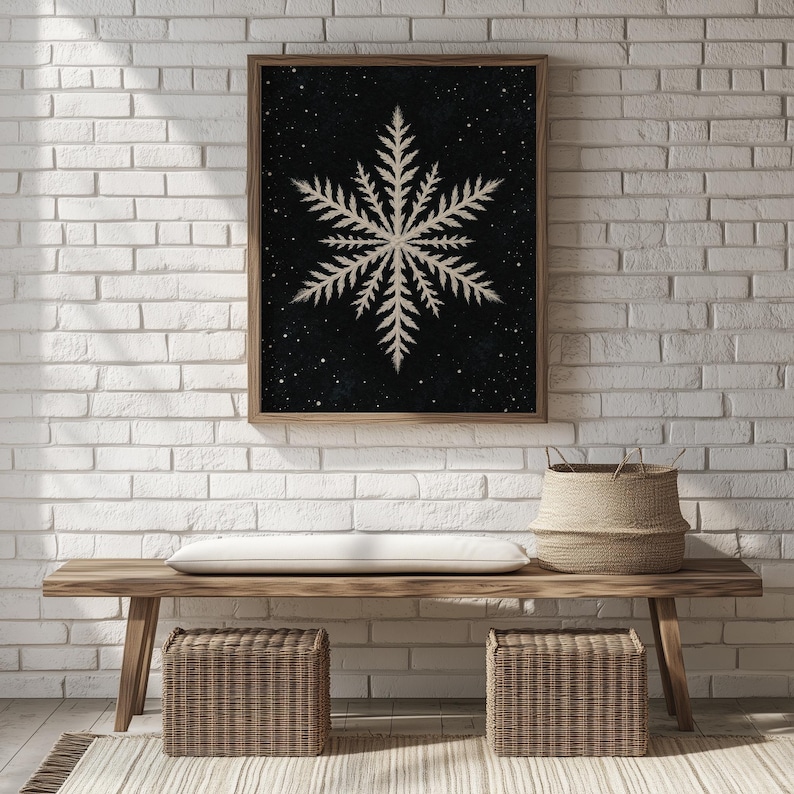 Elegant frozen geometry poster wall art for hallway — soft ivory illustration on deep black starry background
