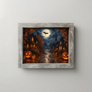 Eerie pumpkin patch wall decor printable art for hallway — silhouetted bats crossing moonlit sky above illuminated street scene