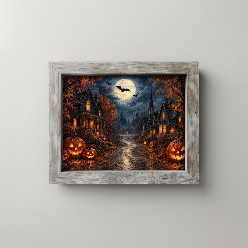 Eerie pumpkin patch wall decor printable art for hallway — silhouetted bats crossing moonlit sky above illuminated street scene