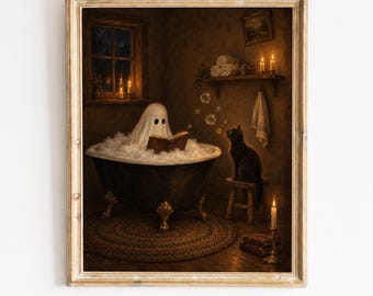 Vintage-Geisterbadewannen-Kunstdruck, Cottagecore-Halloween-Wandkunst, gemütliche gruselige Dekoration (Digitaler Download)